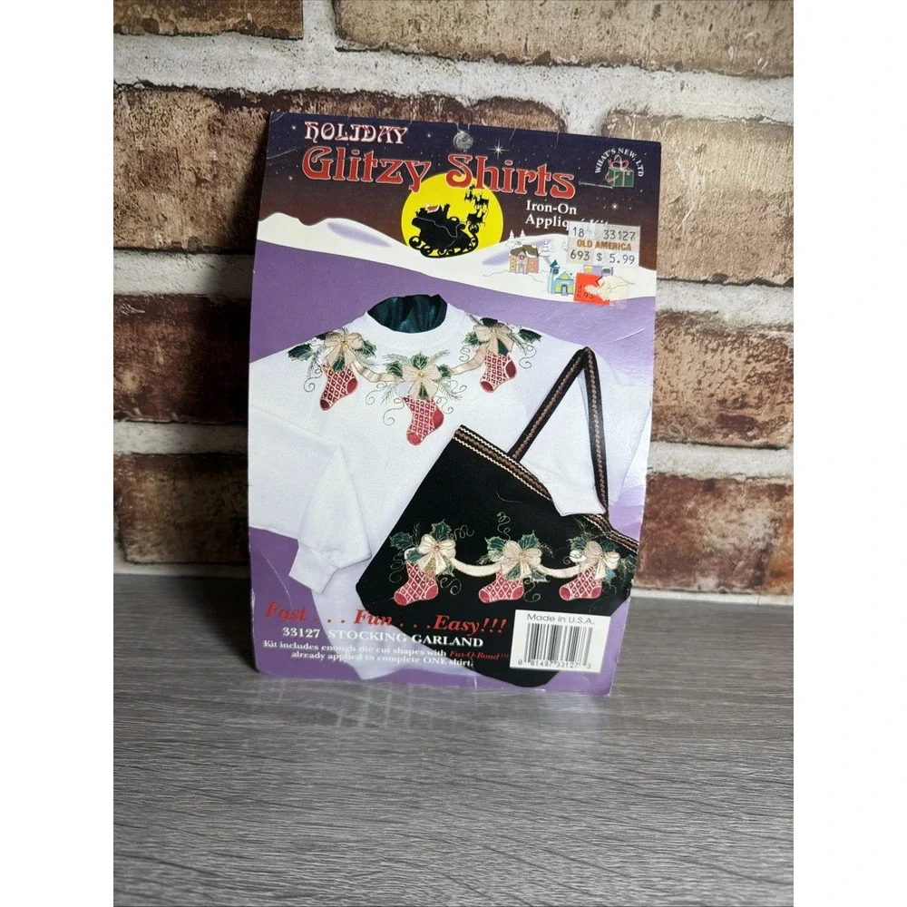 VTG Glitzy Shirts Iron On Applique Kit Stocking Garland Ugly Christmas Sweater